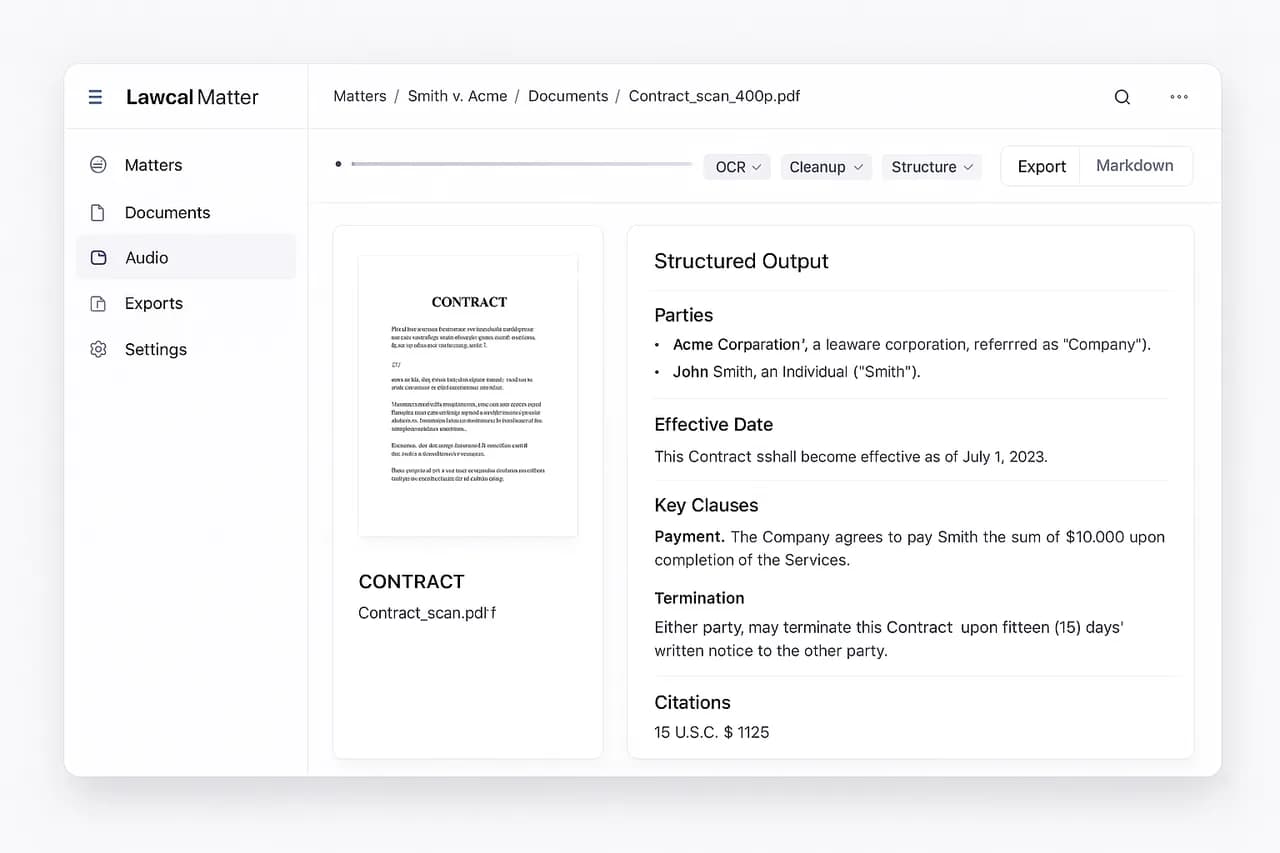 Abstract illustration of raw documents being transformed into structured evidence